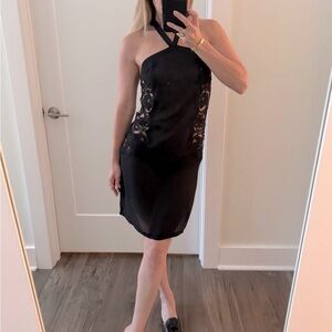 La Perla S black silk stretch crepe + lace halter dress in new condition